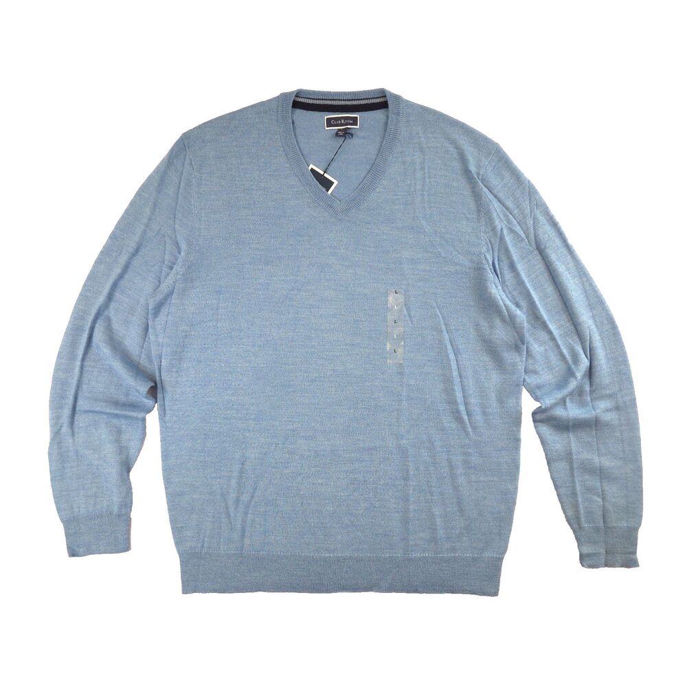 Club Room Mens Merino Wool Performance Sweater L Vneck Blue Base Layer Preppy
